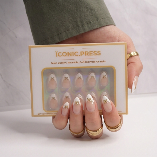 French Elegance - Gold Bow Almond Press-On Nails | Iconic.Press