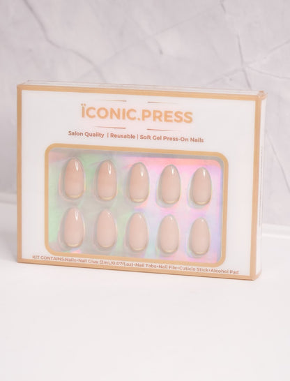 Golden Edge - Nude Almond Press-On Nails with Gold Trim | Iconic.Press