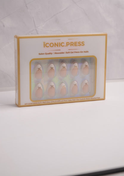 French Elegance - Gold Bow Almond Press-On Nails | Iconic.Press