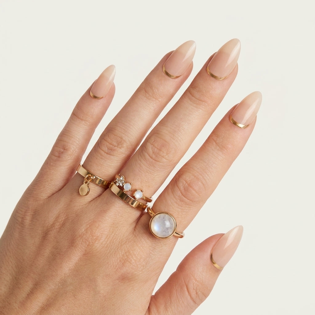 Golden Edge - Nude Almond Press-On Nails with Gold Trim | Iconic.Press