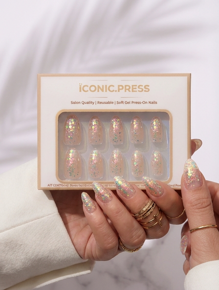 Sunlit Sparkle - Nude Long Almond Glitter Press-On Nails | Iconic.Press