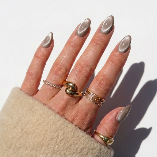 Platinum Glow - Silver Cat Eye Almond Press-On Nails | Iconic.Press