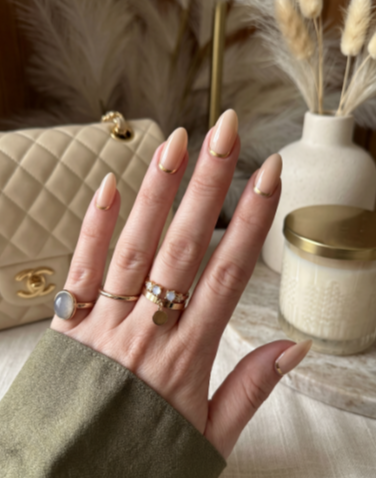 Golden Edge - Nude Almond Press-On Nails with Gold Trim | Iconic.Press