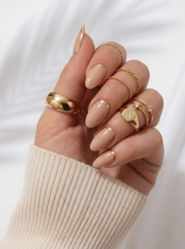 Golden Edge - Nude Almond Press-On Nails with Gold Trim | Iconic.Press