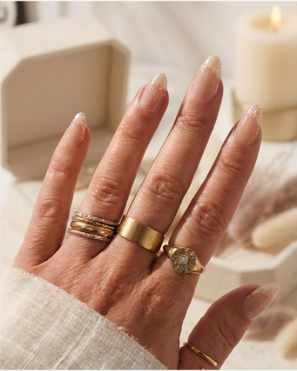Golden Dream - Nude Almond Sparkle Press-On Nails | Iconic.Press