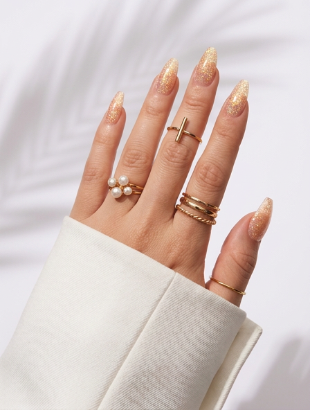 Sunlit Sparkle - Nude Long Almond Glitter Press-On Nails | Iconic.Press